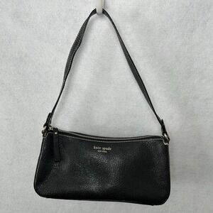 VTG Kate Spade Baguette Shoulder Bag Black Leather Gold Logo Minimalist Y2K
